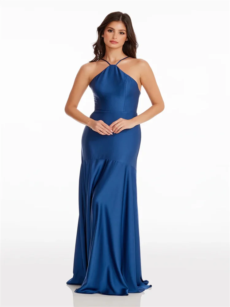 

New Arrival Halter Neckline Satin Thin Straps Mermaid Evening Dress Elegant Open Back Zipper Floor Length Gown For Women 2024