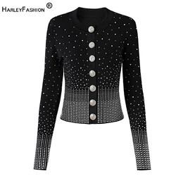 New Autumn  Luxury Shining Stones Party Design Black Knitting Stretchy Bling Street Sweater High Quality