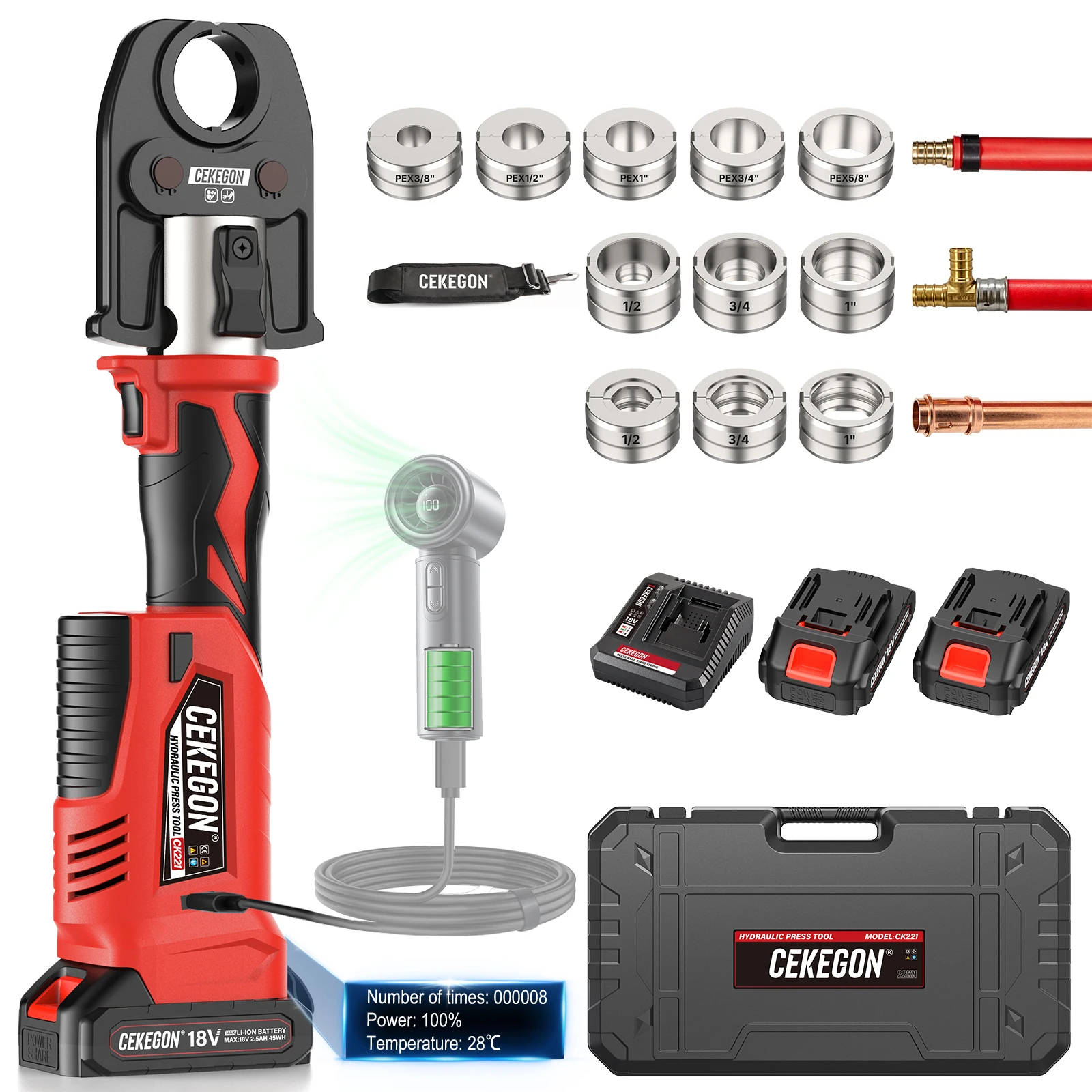 CEKEGON PEX Plumbing Press Tool, 22KN Cordless Hydraulic Crimping Tool with 11 Dies for Copper Pipe, ASTM F1807 PEX and F877 Stainless Sleeves, 18V Brushless Press Crimper Kit