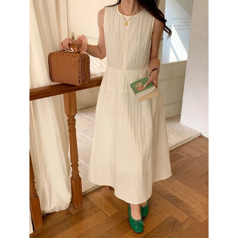 Летняя одежда, повседневная однотонная свободная жилетка с круглым вырезом, длинное платье для женщин