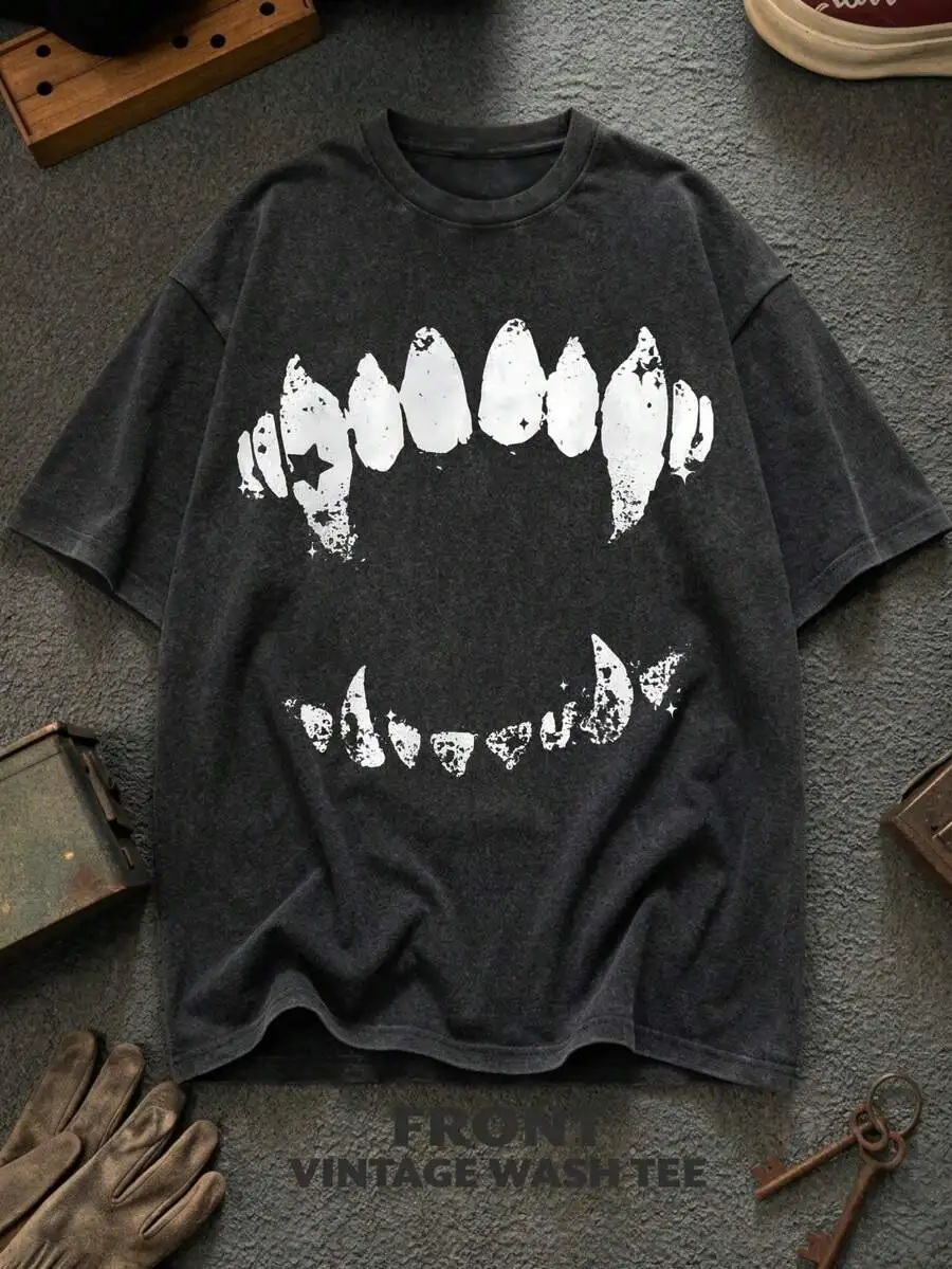 Fashion New Arrival Vintage Wash Abstract Tooth Graphic Black Unisex Crew Neck Tee Funny Y2K Streetwear Casual Daily Short Sleeve Top