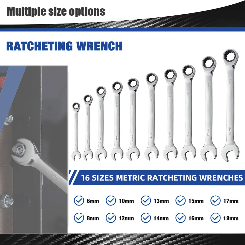 1piece 6-22mm Metric Ratchet Combination Wrench CR-V Steel Double Ended Spanner Hand Tool for Automotive Furniture Repair