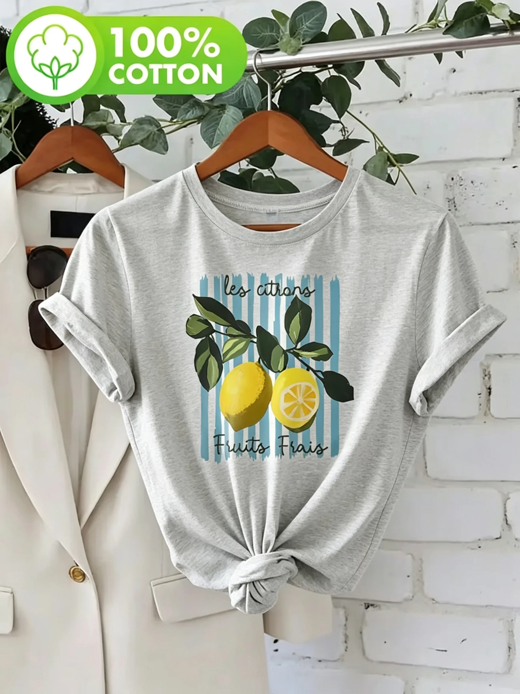 Graphic Cartoon Lemon 100% Cotton Women's Retro Print T-Shirt Loose Fashion Crew Neck Short Sleeve Top Vintage Tee Shirt
