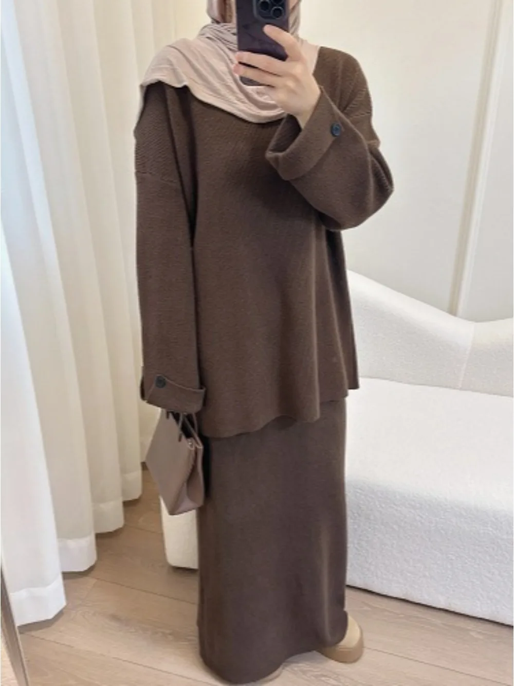 Eid Women Knit Sweater Skirt 2 Piece Set Muslim Sets Jumper Winter Solid Musulman Ensembles Ramadan Dubai Arab Long Robe Morocco