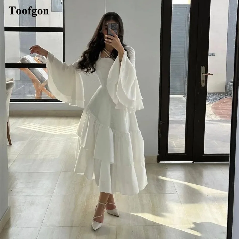 

Beach Chiffon Wedding Dresses Trumpet Sleeves Square Wedding Gowns Tiered Ankle Length Midi Bridal Gowns Formal Party Outfits