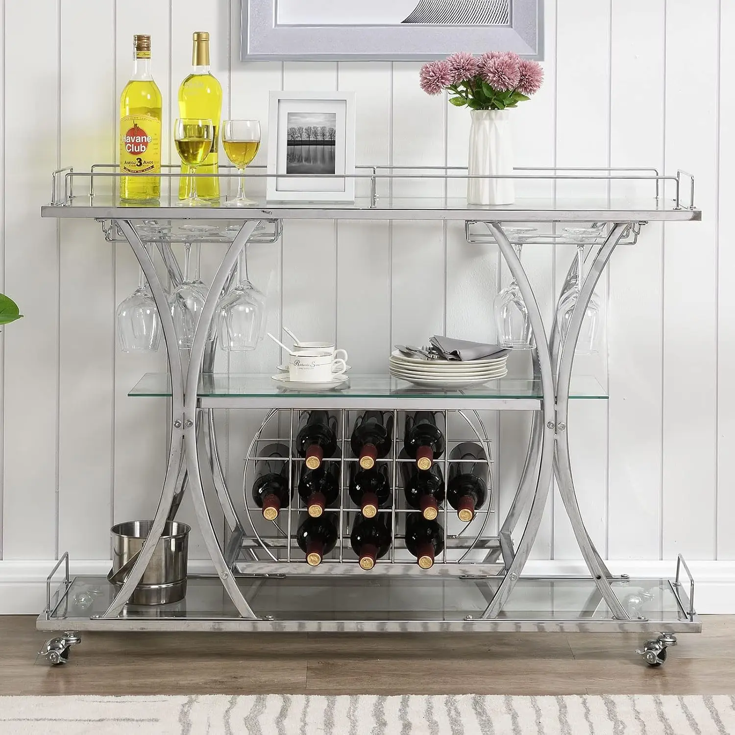 Bar Serving Cart with Glass Holder and Wine Rack, 3-Tier Kitchen Trolley with Tempered Glass Shelves