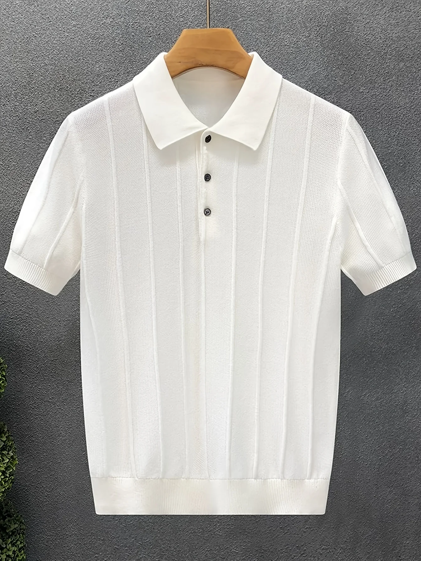 High-End Luxury Vertical Stripe Texture Short-Sleeved Polo Shirt Knitted Top for Men - Summer New Style Solid-Colored Collar Woo