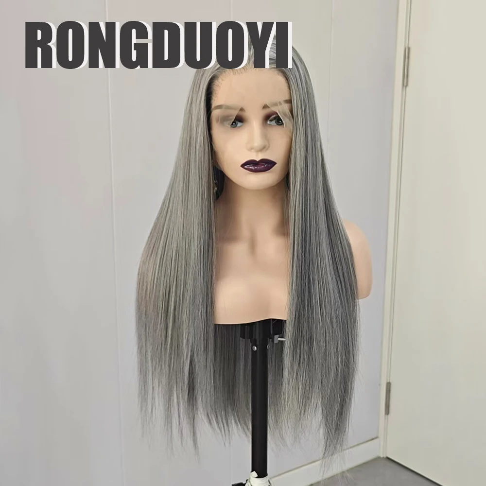 RONGDUOYI Grey White Mix Hai Synthetic Wig Silk Straight Heat Fiber Lace Front Wigs Cosplay Makeup Women Use Grandma Grey Hair