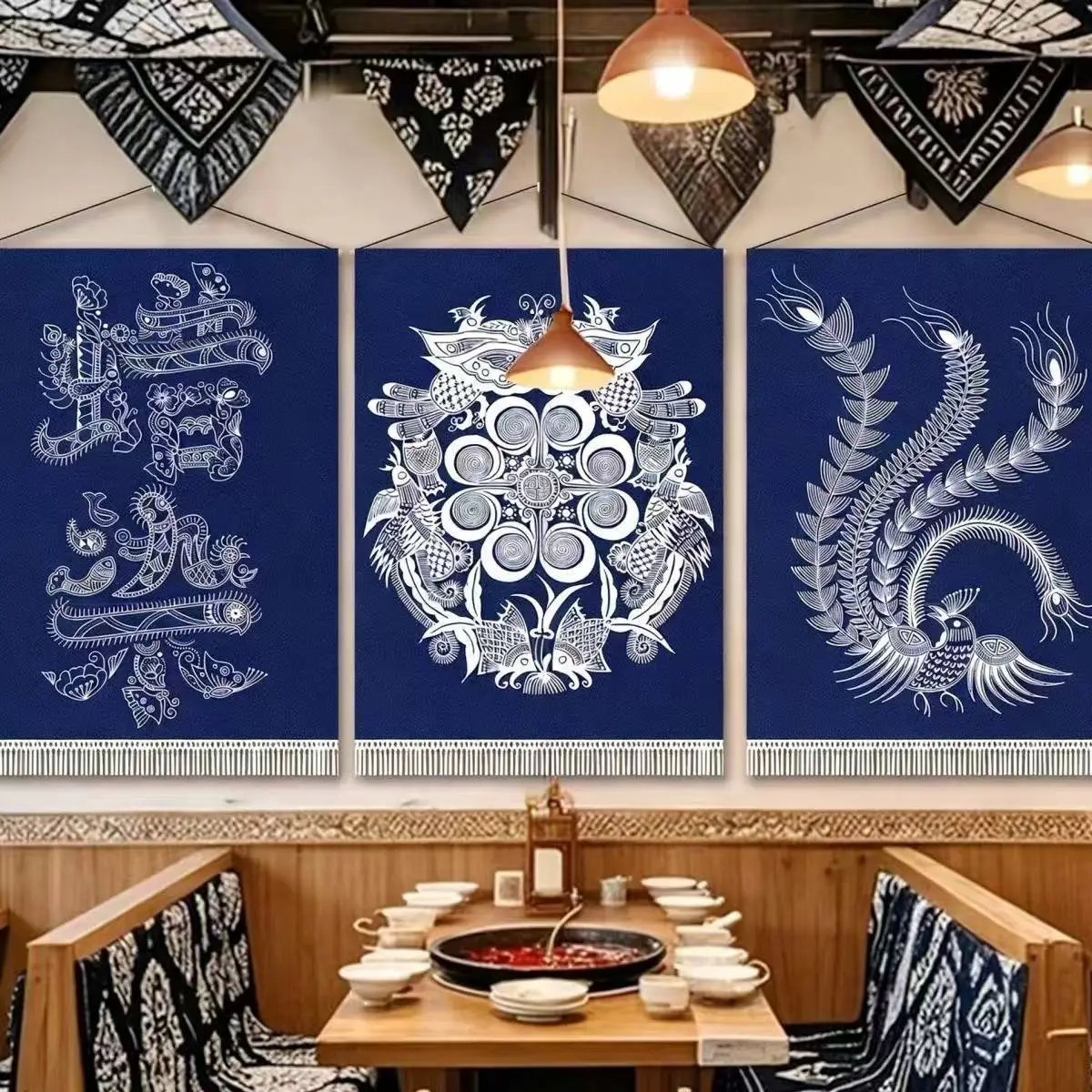 Chinese Miao Ethnic Fabric Hanging Painting Minority Wax Printing Style Homestay School Corridor Background Cloth Painting ZJ198