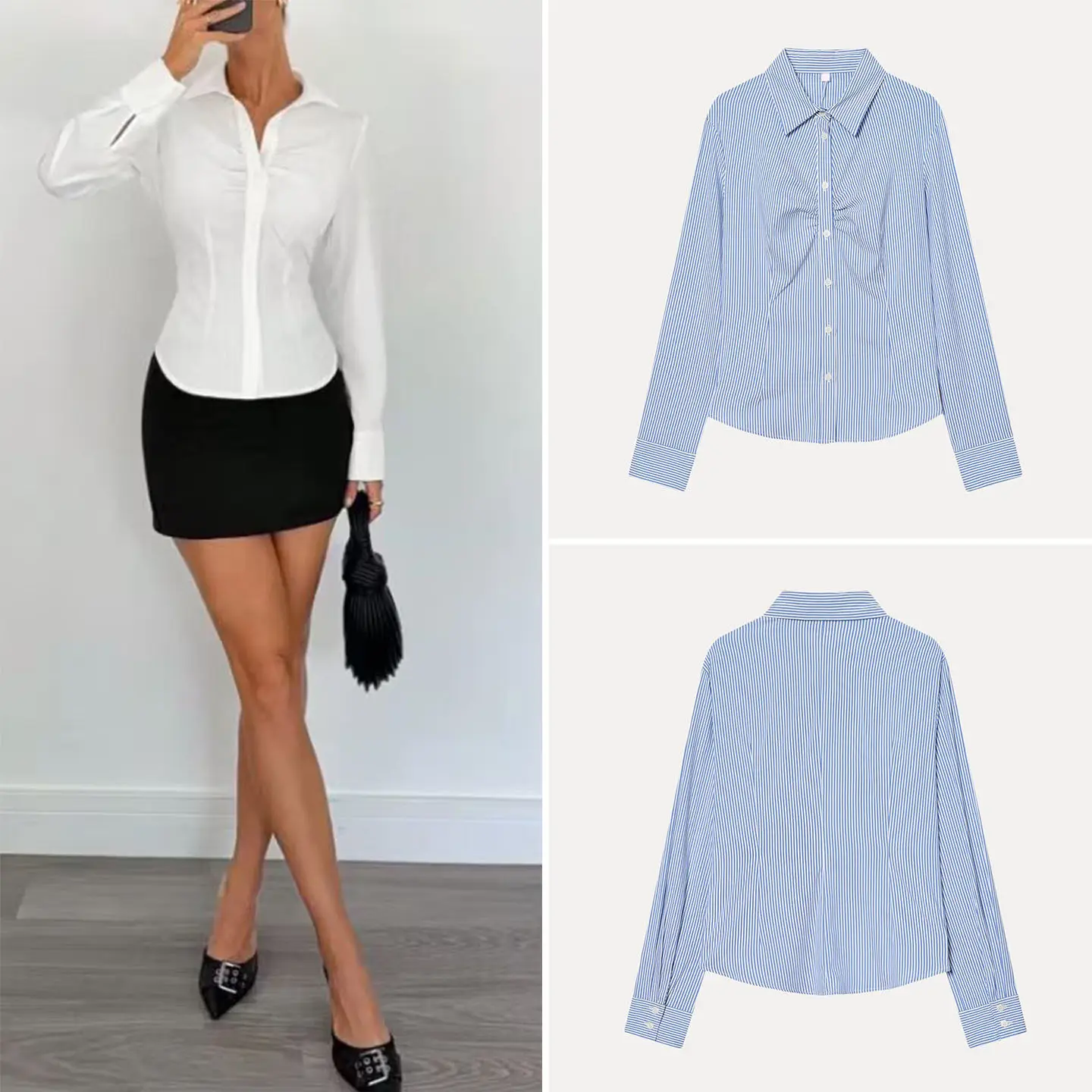 Slim Fit Long Sve irt Stehkragen Zweifarbig Plissee Faionable Damen Winter 2025, Neu Sle irt Z Youth Casual