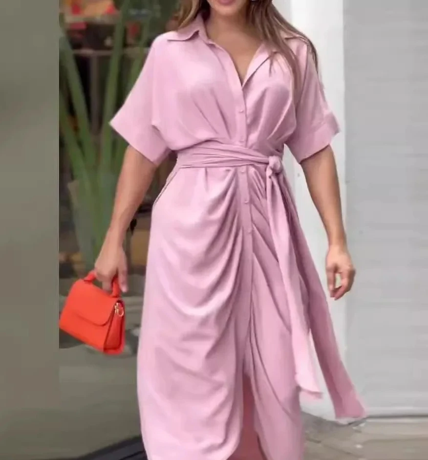 High Waisted Lady Shirt Dress for Women Clothing Summer Classic Casual Slim Short Sleeve Women