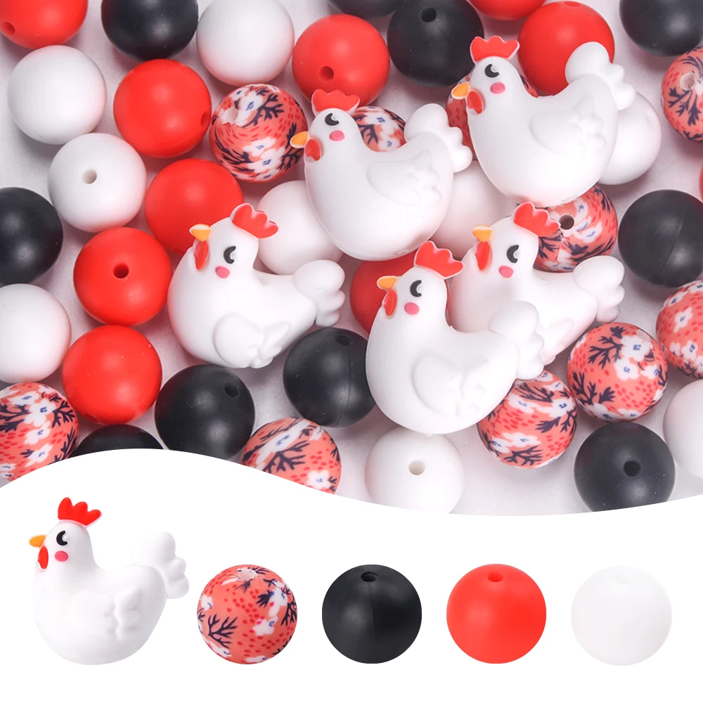 LOFCA 37pcs Silicone Rabbit Cock Focal Teething Beads Set For DIY Bracelet Necklace  Jewelry Crafting accessories Wholesale