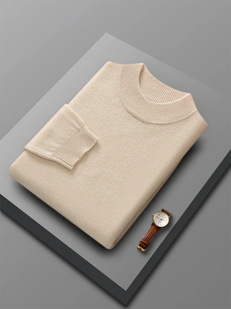 

Exquisite Men's Casual Basic Soft Solid Chic Mock Neck Thick Pullovers High Quality 100% Merino Wool Knitwear Sweater Tops