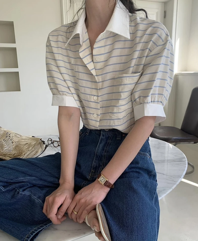 Kantooroverhemd in Koreaanse stijl met kleurblokken en inkepingskraag - Professionele gestreepte werkblouse