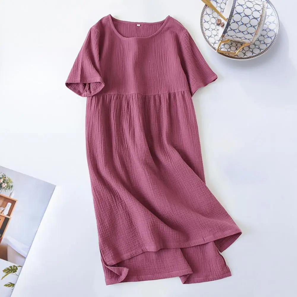 Summer Lady Sleeping Dresses Sleepwear Cotton Nightdress Women Pajamas Solid Color O Neck Loose Irregular Hem Dress