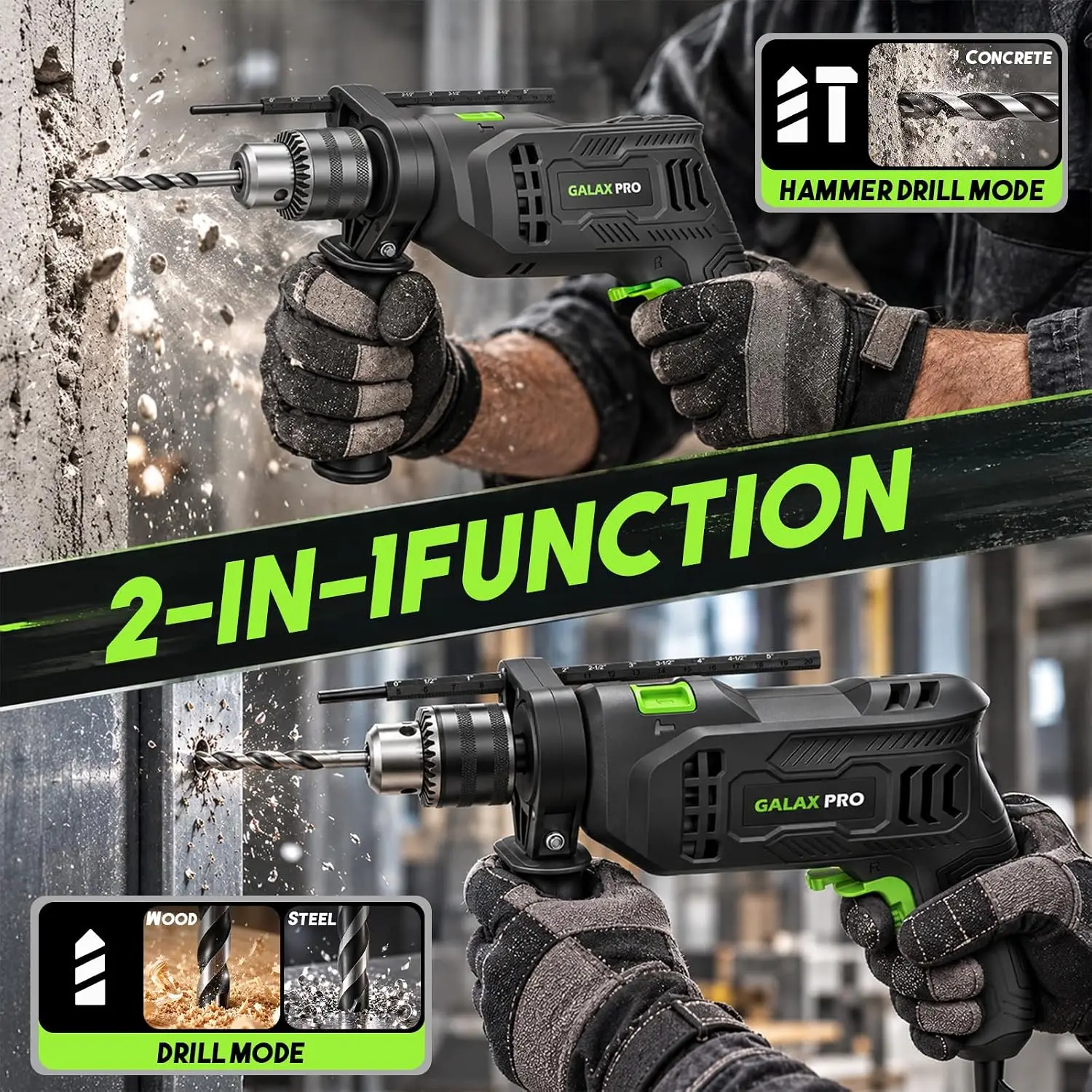GALAX PRO 4.5Amp 0-3000RPM Corded Hammer Drill with 12 Variable Speed Hammer and Drill 2 Functions in 1 with 5pcs Bit, 1/2 Inch Keyed Metal Chuck, 360°Rotating Handle