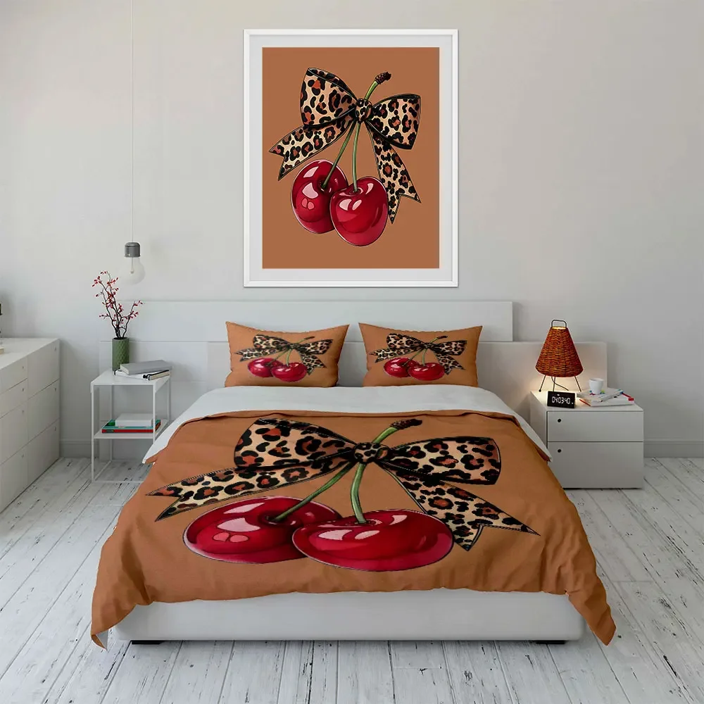 

"Leopard Bow Cherry Decor Set" Multiple sizes kid's and adults' bedroom Exquisite 3PC bedding set, gift