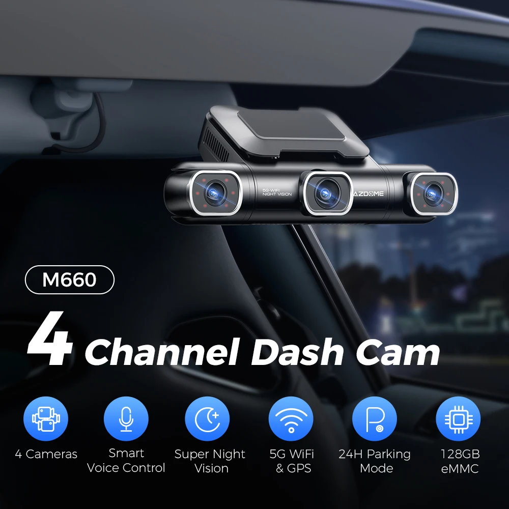 AZDOME Dash Cam M660 2K + 3*1080P 4CH Auto DVR GPS 5G Wifi Ingebouwde 128GB eMMC Spraakbesturing 24H Parkeermonitor Super Nachtzicht
