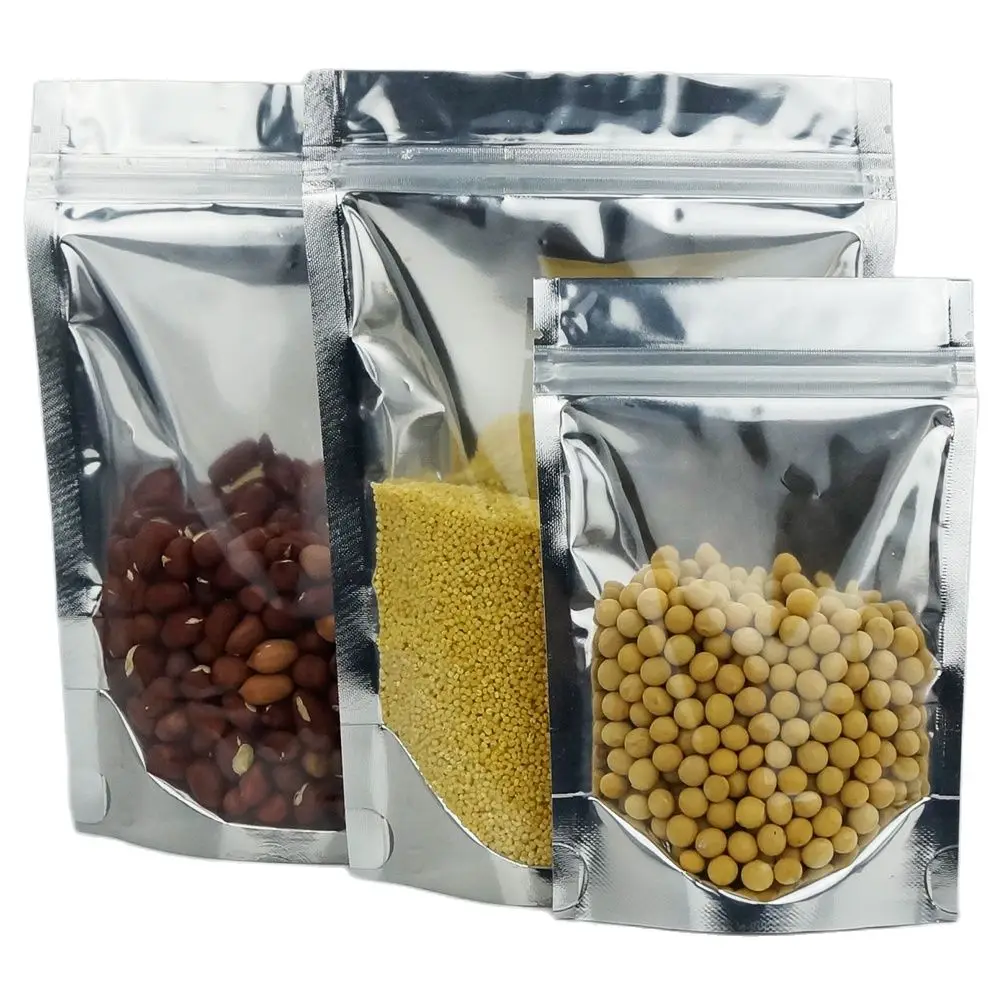 20*30cm 100pcs Stand Aluminum Ziplock Food Bags, Reclosable Front Clear Mylar Foil Plastic Pouch Zipper Dried Fruits Zip Doypack