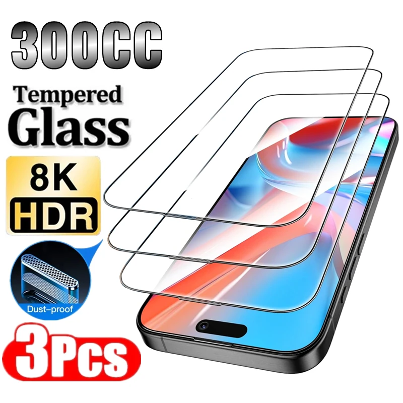 

3Pcs 300CC Dust proof Arc edge High Definition Tempered Glass Screen Protector for iPhone 17 16 15 14 13 12 11 Pro XR X XS Max