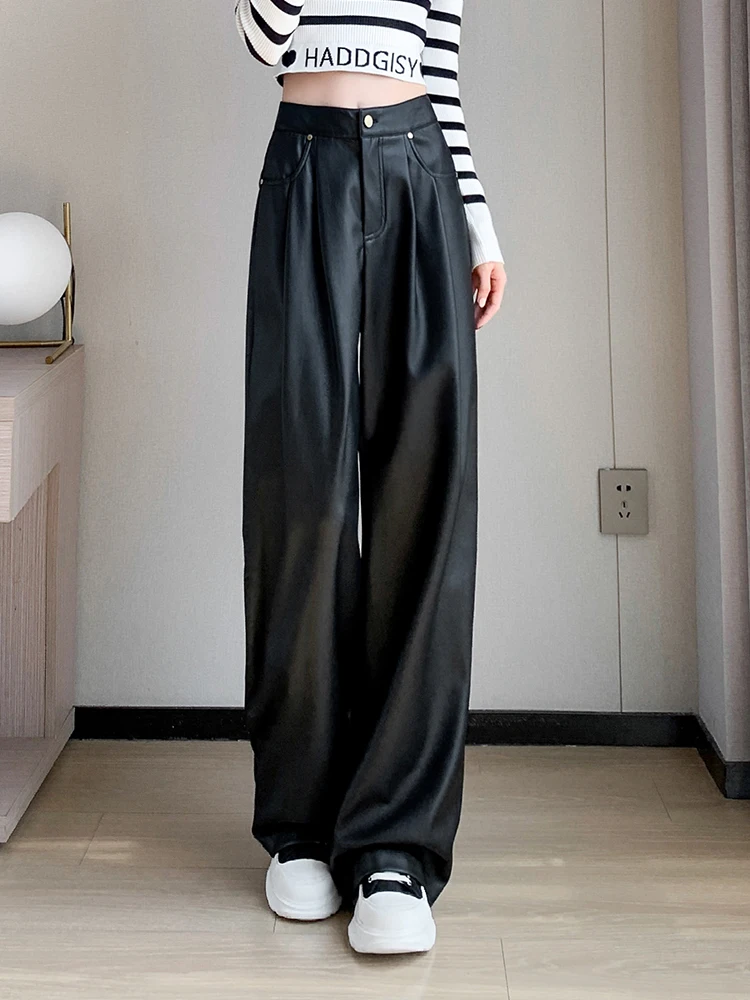 Women Faux Leather Pants PU High Waist Straight Leg Pants with Pockets Leather Wide Leg Casual Pants Y2K Autumn Winter Trousers