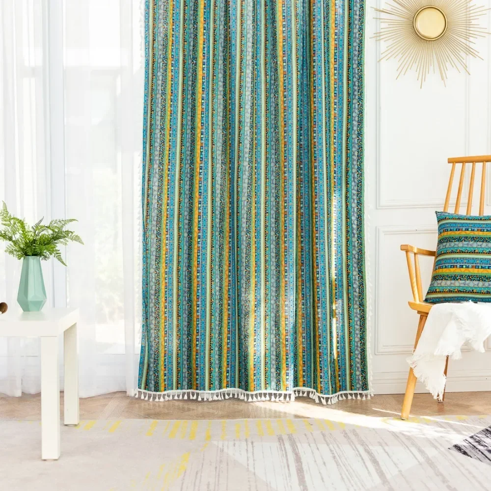 Japanese Finished Artistic Striped Semi Blackout Curtains Bedroom Partition Cotton and Linen Curtains Kitchen Coffee Curtain