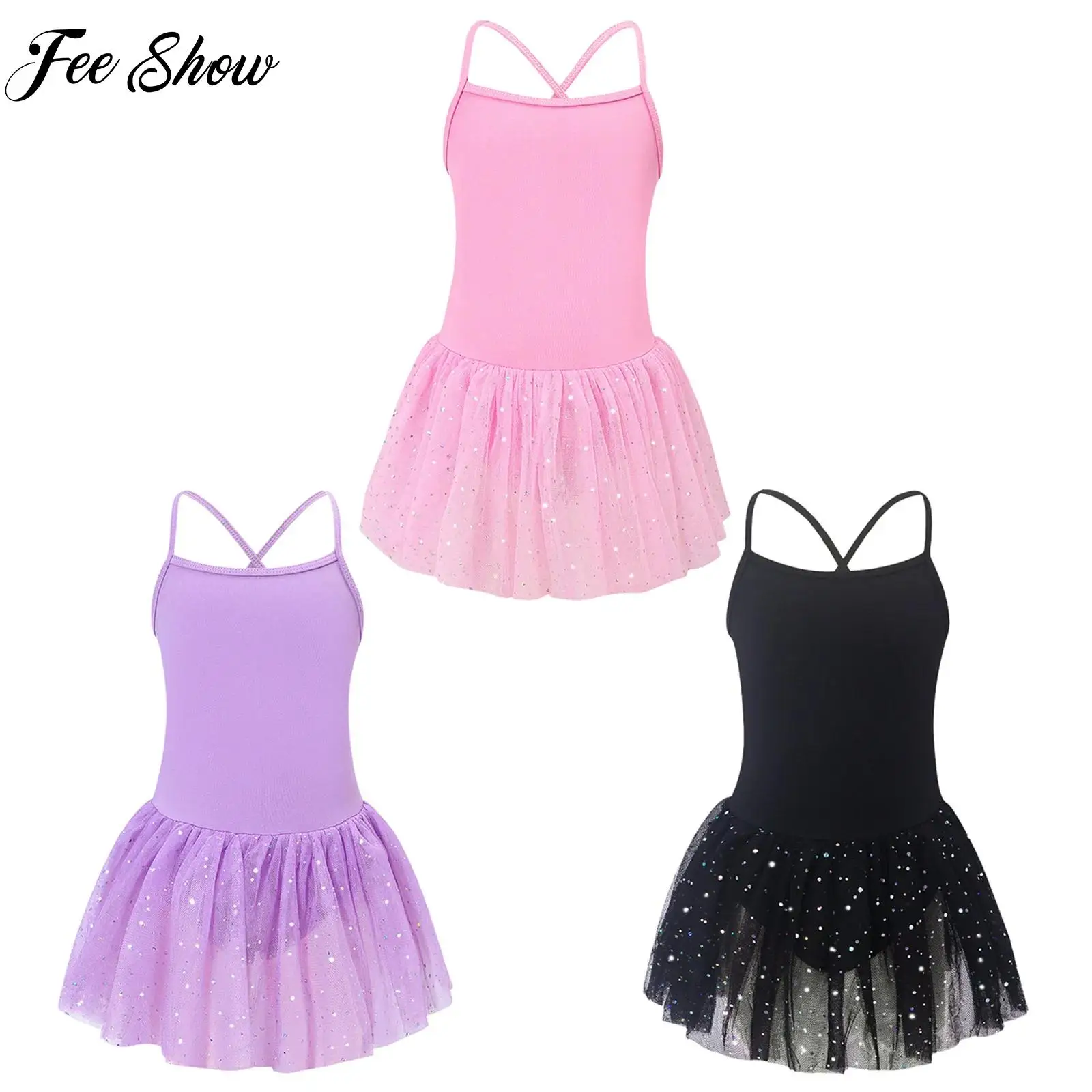 Vestido de Ballet para Niñas, Ropa de Baile para Práctica y Entrenamiento, Vestido de Tul con Lentejuelas y Tirantes Finos Cruzados en la Espalda, Ropa de Baile para Bailarina