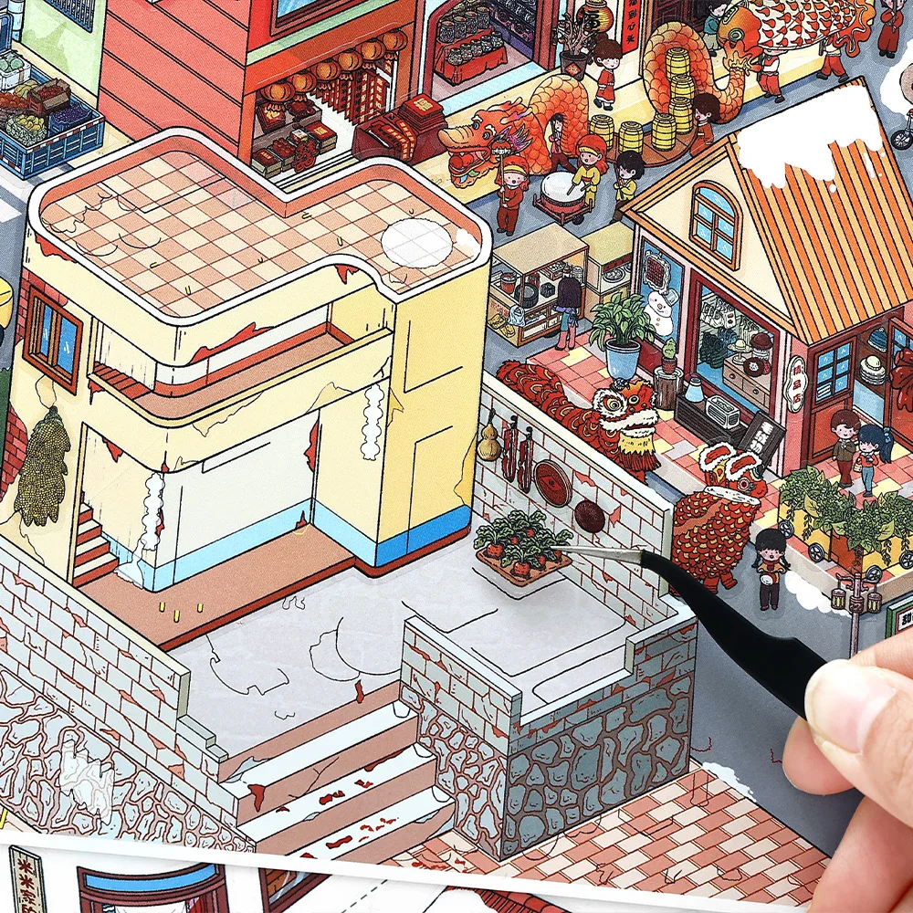 

Kawaii Dragon Dance for Blessing 3D Happy New Year Landscape Sticker DIY Pocket Cabin Scene festival gift ﻿