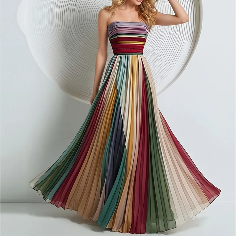 Women's Elegant Strapless Colorblock Pleated Maxi Dress Formal Evening Gown Boho Beach Vacation Long Dress