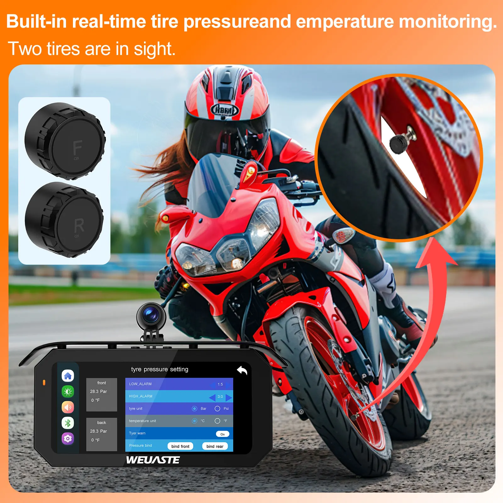 Cámara de salpicadero para motocicleta de 6,25 pulgadas TPMS Moto Carplay Android Auto 1080P pantalla HiCar Sensor de luz grabación en bucle control con cable