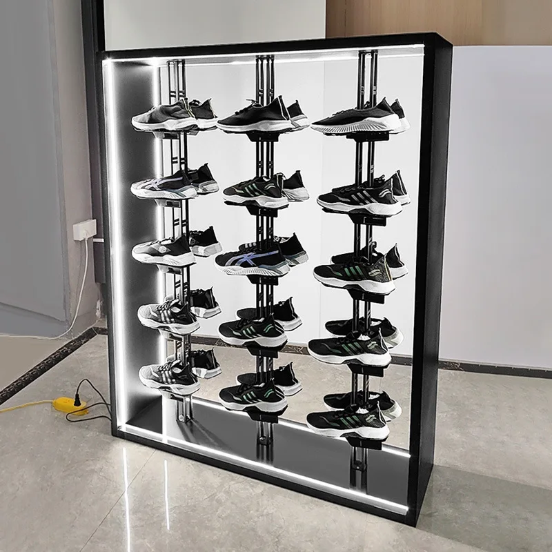 

Shoe store shoe rack sports shoe shelf column cabinet display rack against the wall elevated luminous rack