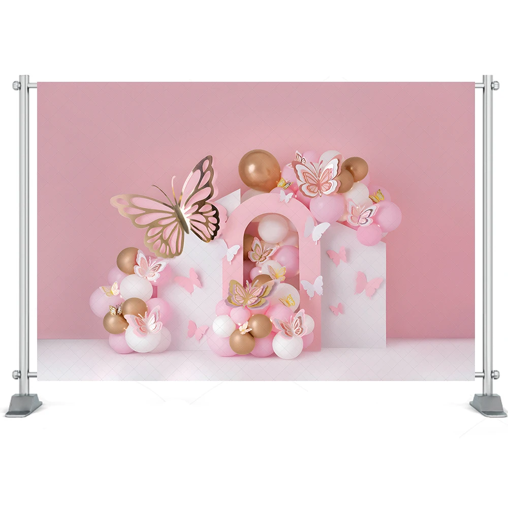 Prettiest Golden Butterflie Photography Backdrop Girl Birthday Cake Smash Photo Background Pink Balloon Decor Photo Studio Props