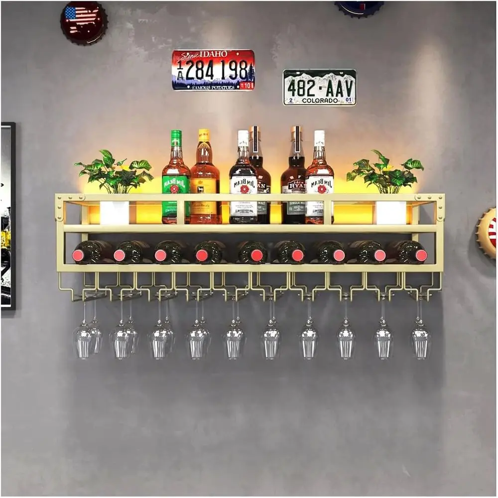 

LED Wine Rack Wall Mounted, Industrial Metal Wall Wine Shelf & Glass Holder, Large Floating Shelves Wine Bottle Storage Display