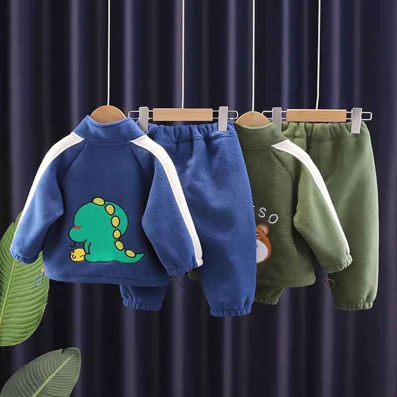 Winter Warm Baby Clothes Suit Children Boys Thick Cartoon Dinosaur Jacket Pants 2Pcs/Set Kids Girl Clothing Toddler Warm Costume