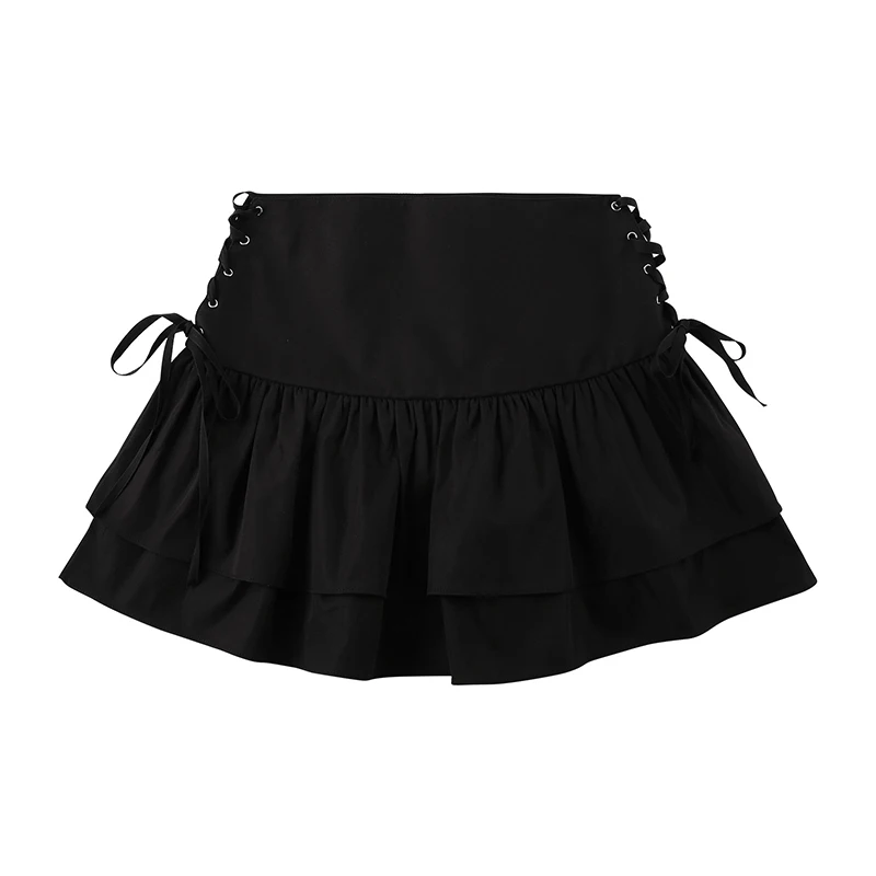 

Women s Ruffle Mini Skirt A-Line Short Skirt High Waist Solid Color Criss Cross Tie Up