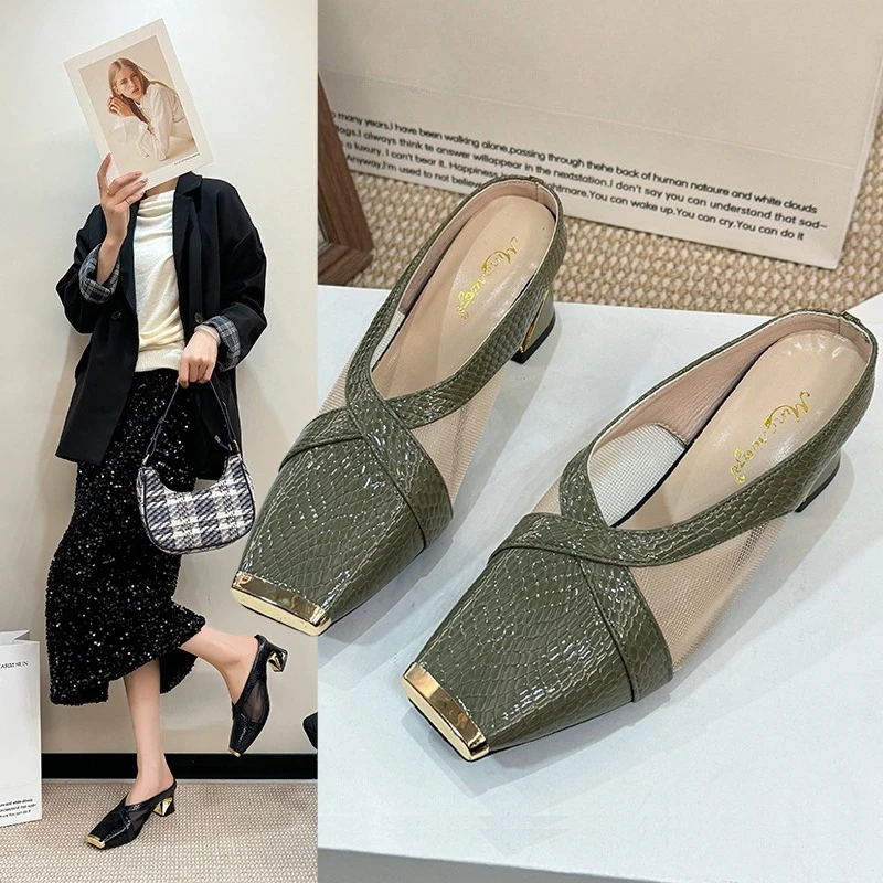 Summer Fashion Women Square Head strange Medium Heel Closed toe slip-on High Heel Slippers Outdoor Wear Pressing Pattern Sandals
