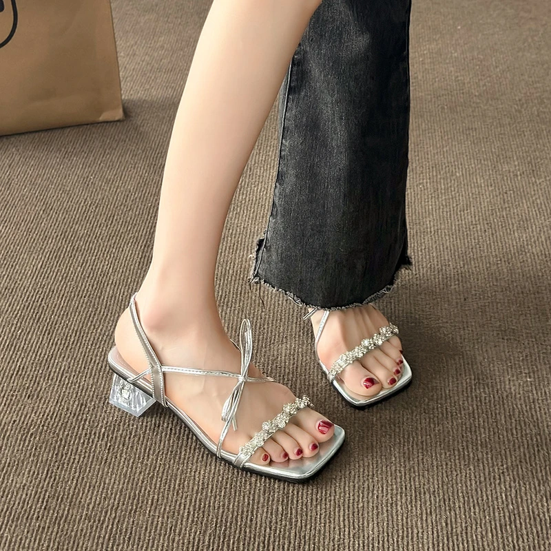 5 سنتيمتر عارية صنادل عالية الكعب 2026 جديد أنيق ساحة رئيس الجانب فارغة رقيقة الفضة حزام المفتوحة تو الصنادل المرأة الصيف المطاط وحيد #6