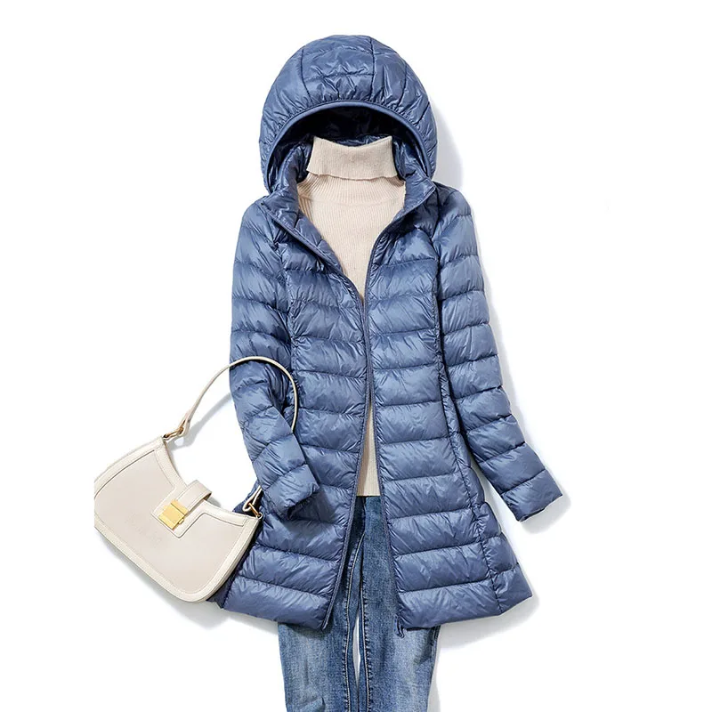 2025 신상 가을 겨울 여성용 다운 자켓, 가볍고 얇은 중간 길이 탈부착 캡 여성용 다운 자켓 H356