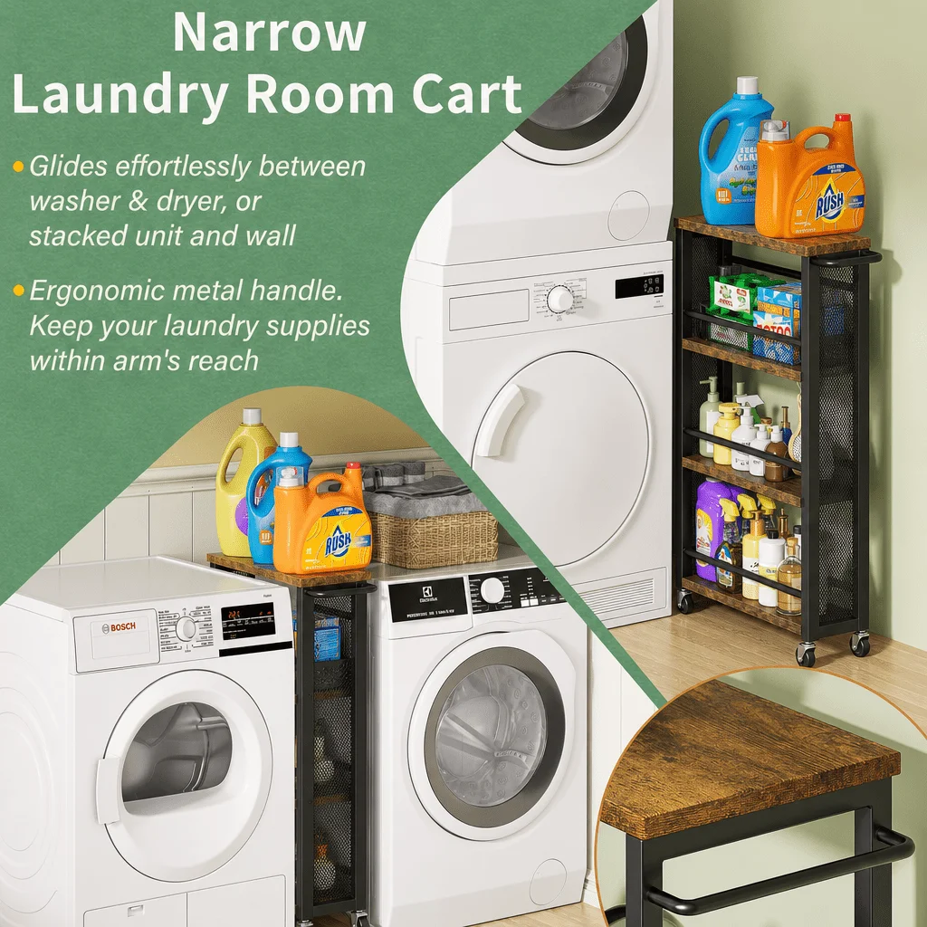 Kitchen island, multi-functional trolley , 1 narrow mobile storage trolley with wooden top, 4-tier gap storage rack with wheels, multi-layer movable storage shelf, suitable for narrow spaces, storage rack for seasonings, snacks and sundries