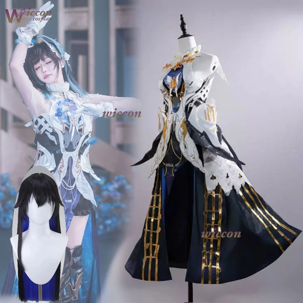 Game Punishing: Gray Raven Selena Cosplay Costume White To Navy Ombre Strapless Battle Gown with Waist and Head Accessories