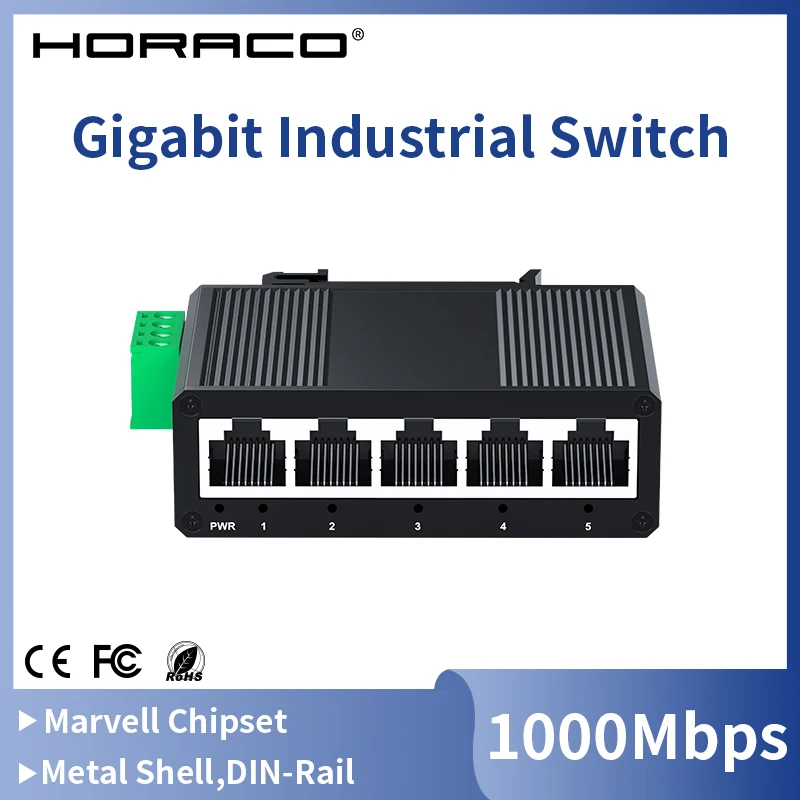 HORACO 5 منافذ جيجابت الصناعية التبديل 1000Mbps شبكة صغيرة محول إيثرنت DIN السكك الحديدية شنت التوصيل والتشغيل حماية IP40