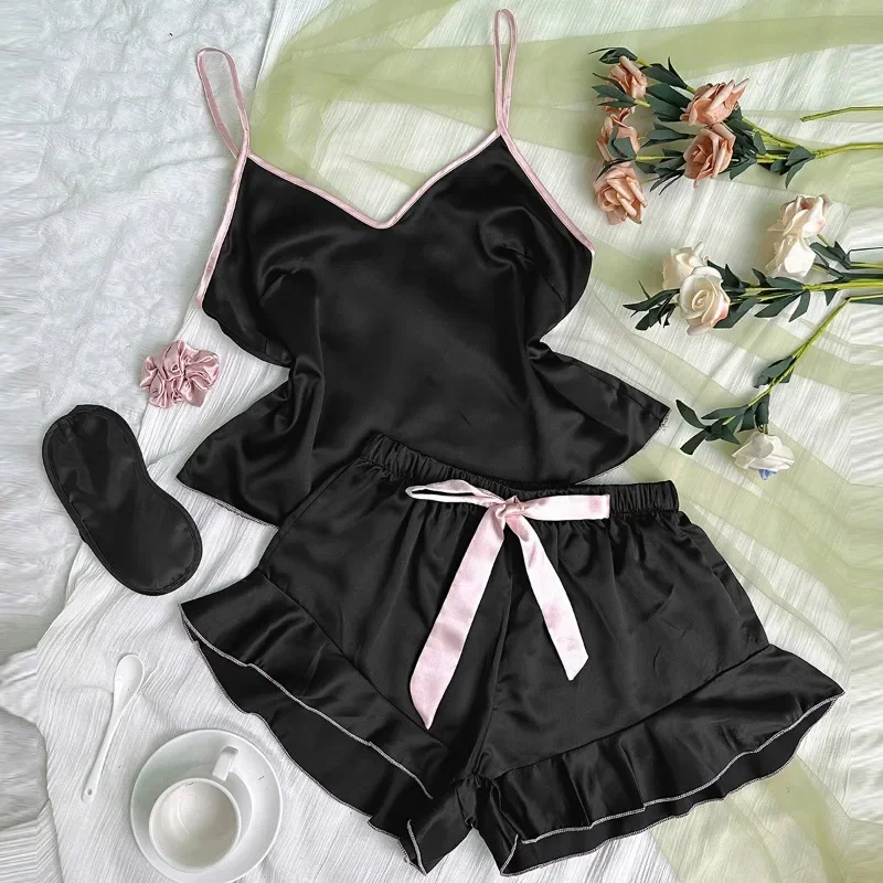 Fashion Solid Color Suspender Pajamas Shorts for Women Luxury Casual Summer Home Clothing Thin Silk-like Sexy Sleepwear Gift