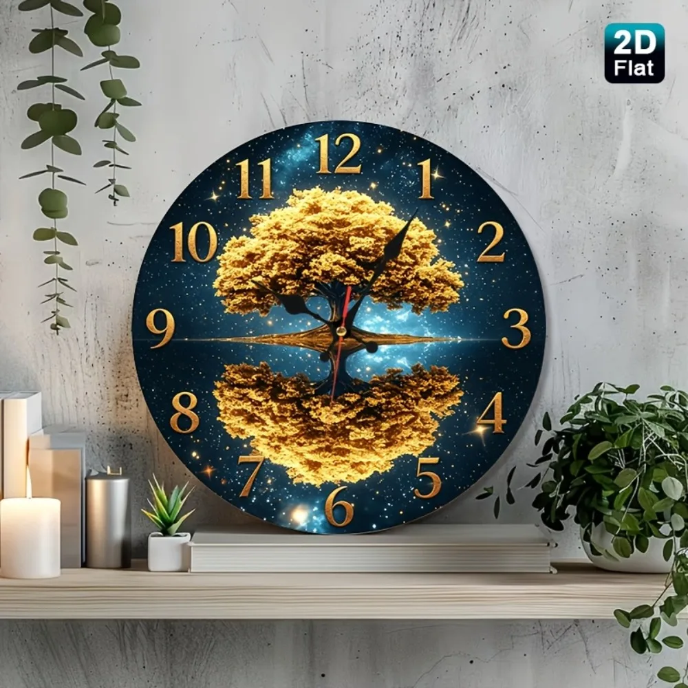 

2D Flat, 1pc Golden Tree Reflecting on Water Under Starry Sky Wooden Nursery Wall Clock, Celestial Fantasy Art, Dreamy Modern De
