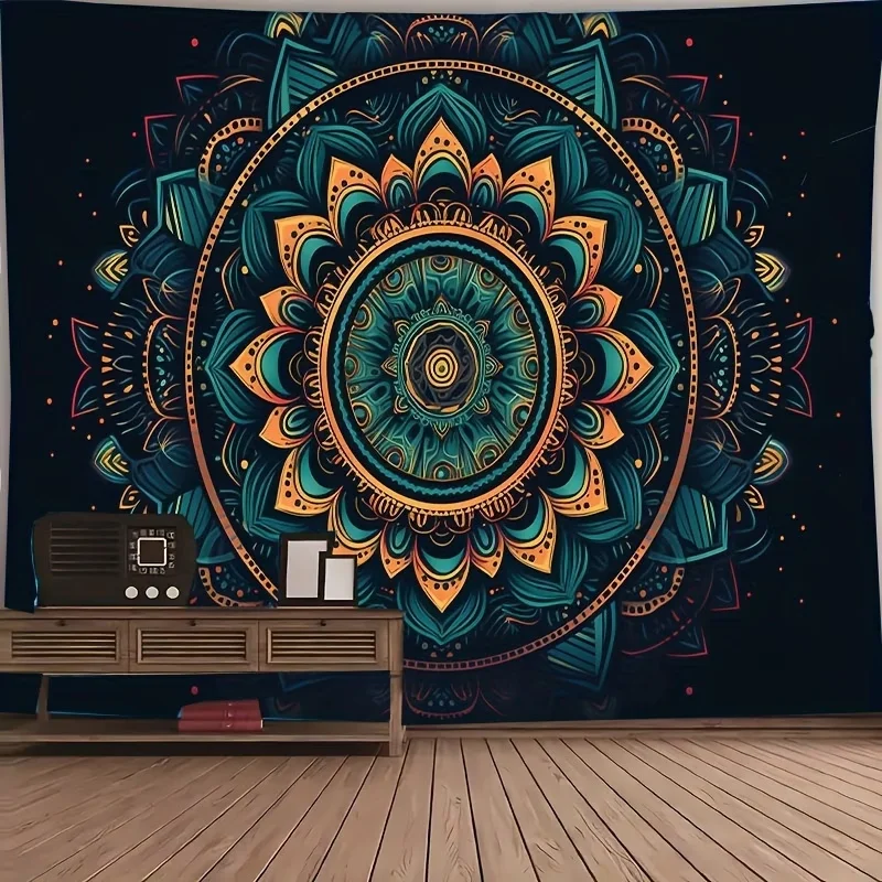 1PC Tapisserie murale imprimée numériquement, motif Mandala bleu et or, décoration murale bohème zen spirituelle pour chambre
