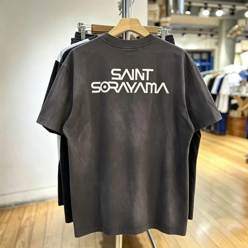 Summer Vintage Street Saint T-shirts Washed Black Splashing Ink Dots Cotton Short Sleeve Hiphop Casual Loose Men Women Tops