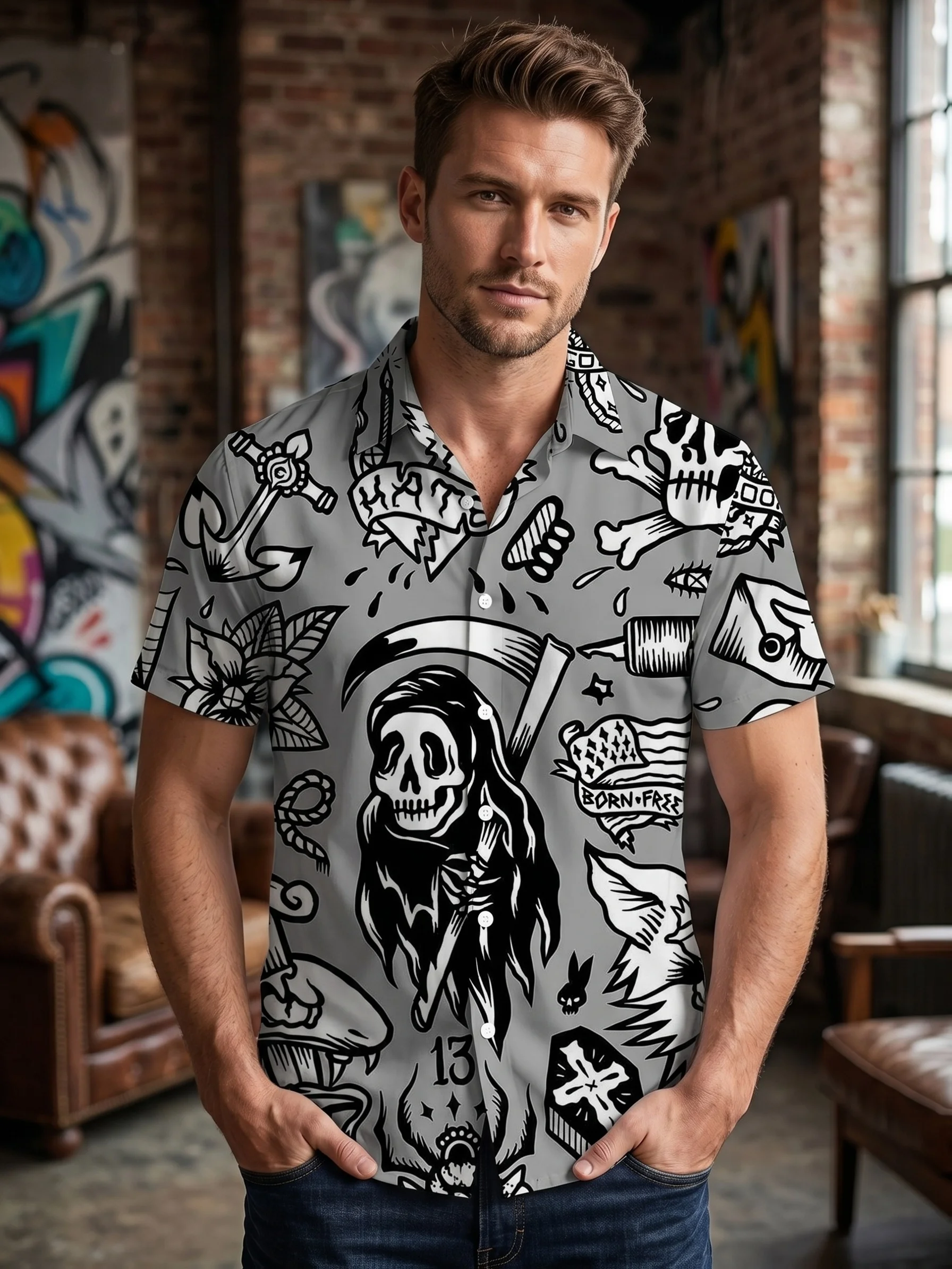 Grim Reaper Skull Head Pattern 3D Print Men'S Shirt Hawaiian Style Casual Vacation Trachten Shirt