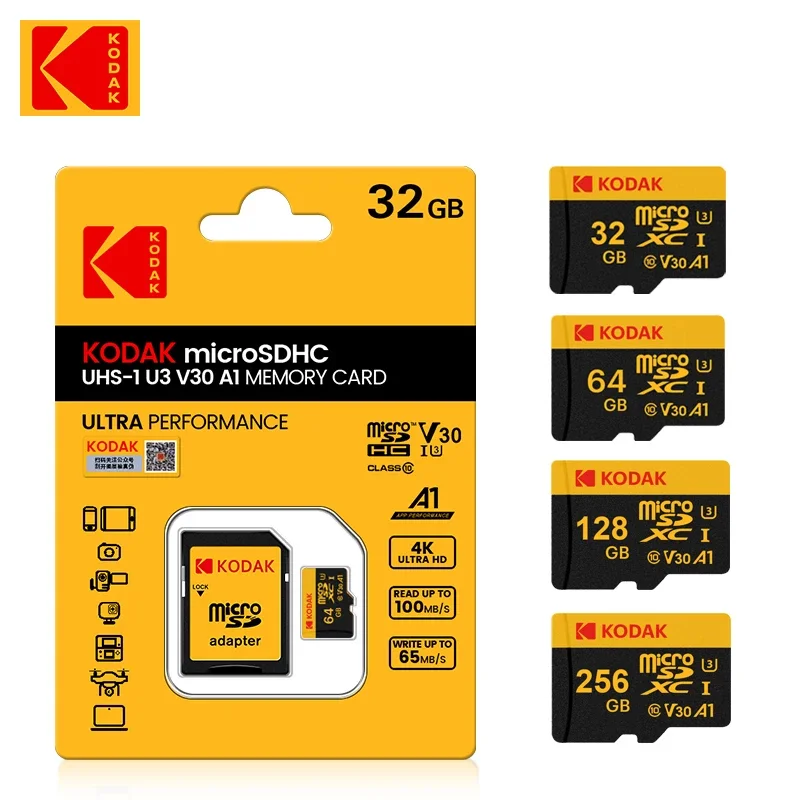 KODAK-tarjeta de memoria Micro SD de gran capacidad, 128GB, 256GB, 64GB, 32GB, C10, TF, MicroSD, SDXC, 4K, para teléfono, cámara y portátil