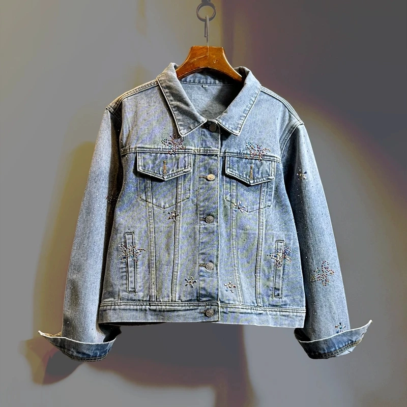 Vintage Washed Blue Short Denim Jacket Fashion Diamond Butterfly Loose Casual Lapel Long Sleeve Female Jeans Jacket Streetwear