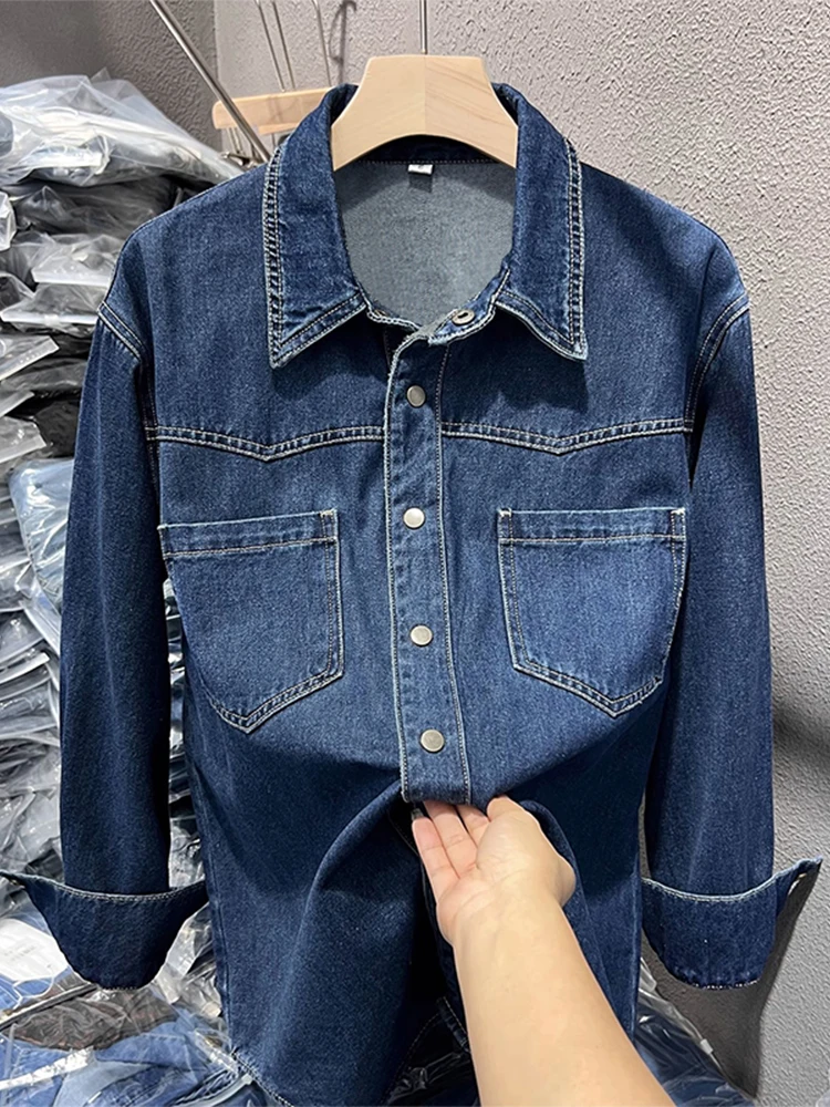 

Hong Kong Style Retro Denim Shirt Women's New Spring Autumn European Top Layered Base Layer Shirt Coat Winter Collar Lon...
