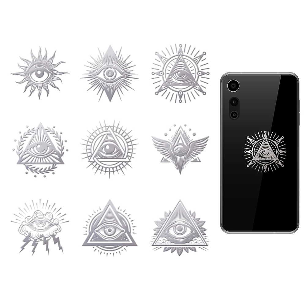 9pcs 1.6x1.6 Inch Silver Metal Stickers All Seeing Eye Metal Self Adhesive Stickers Eye Epoxy Stickers Metal Sticker